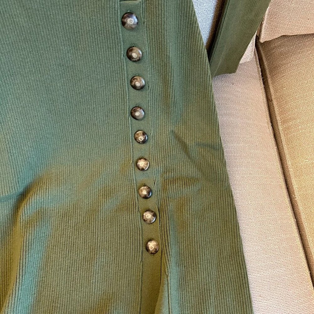 BEST Sezane Harper Midi Knit Dress Large Moss Green Ribbed French High Neckline - Picture 6 of 7
